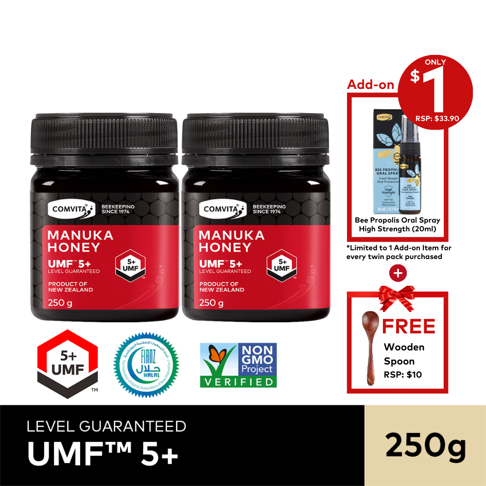UMF 5+ 250g Twin Pack + Oral Spray + Wooden Spoon